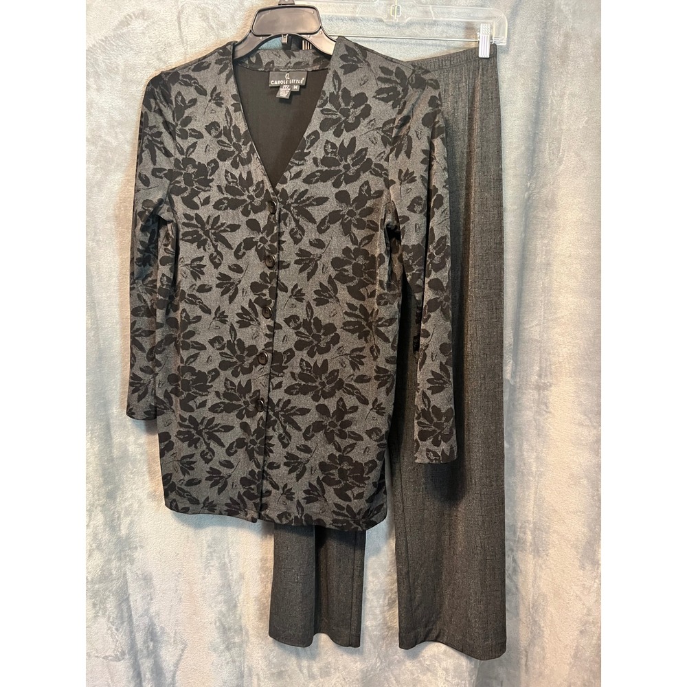Carole Little Gray Black Floral Cardigan Pant Set Stretch Knit Vintage M